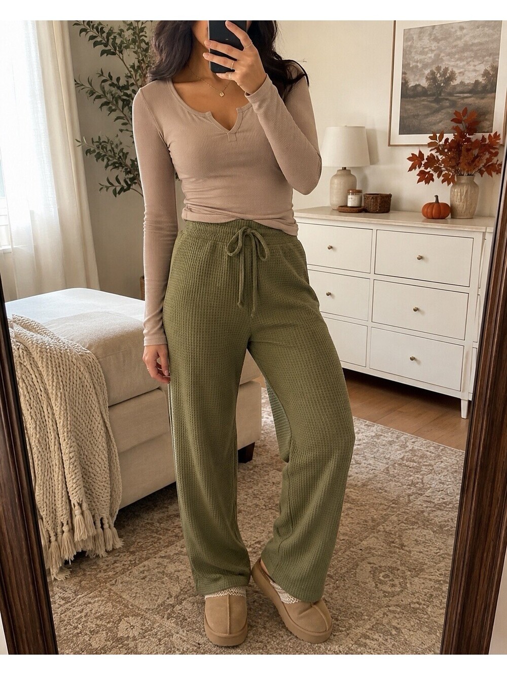 Ekouaer Women Olive Green Waffle Knit Lounge Pants Drawstring Wide Leg Cozy Sz S